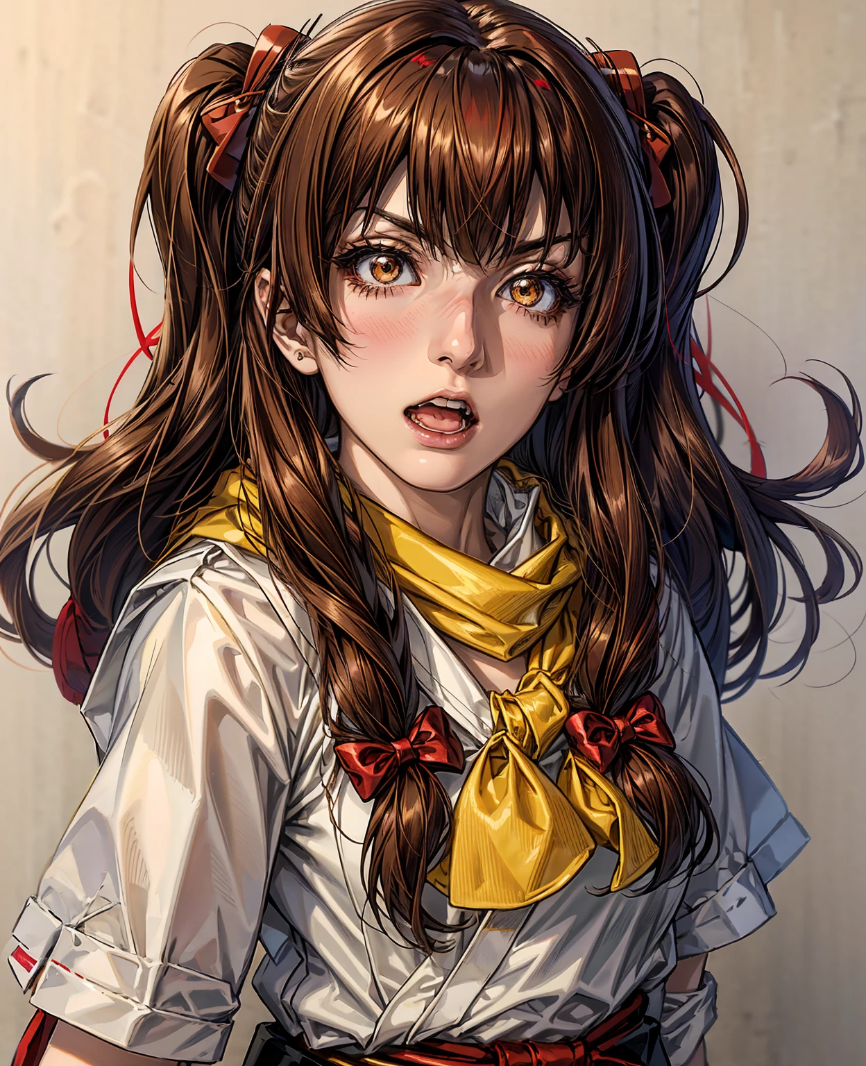 km, 1girl, ascot, blush, bow, brown eyes, brown hair, hair bow, hair tubes, japanese clothes, long hair, mittens, nontraditional miko, one-hour drawing challenge, open mouth, portrait, red bow, red mittens, scarf, sidelocks, simple background, solo, white background, yellow ascot, yellow scarf