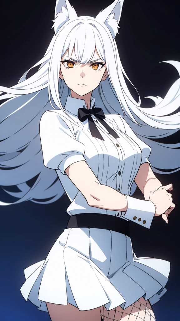 1girl ,solo,20s,mature female,serious face,white hair,long hair,fox ears,(simple background),white shirt,white skirt, fishnets