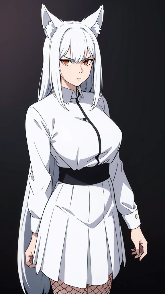 1girl ,solo,20s, female,serious face,white hair,long hair,fox ears,(simple background),white shirt,white skirt, fishnets