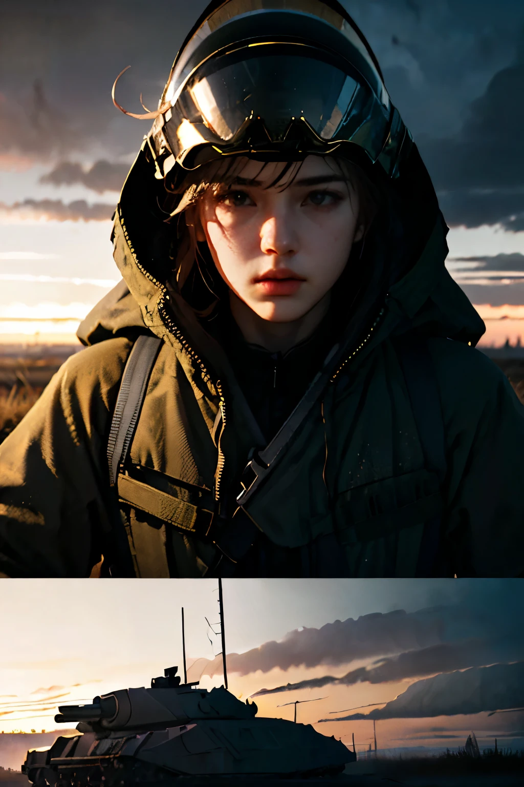 Battlefields of Ukraine、storm、Female soldier in combat uniform fighting tank、Wearing a helmet on his head、, Surrealism, cinematic lighting, UHD, anatomically correct, award winning, best quality, highres, 8k