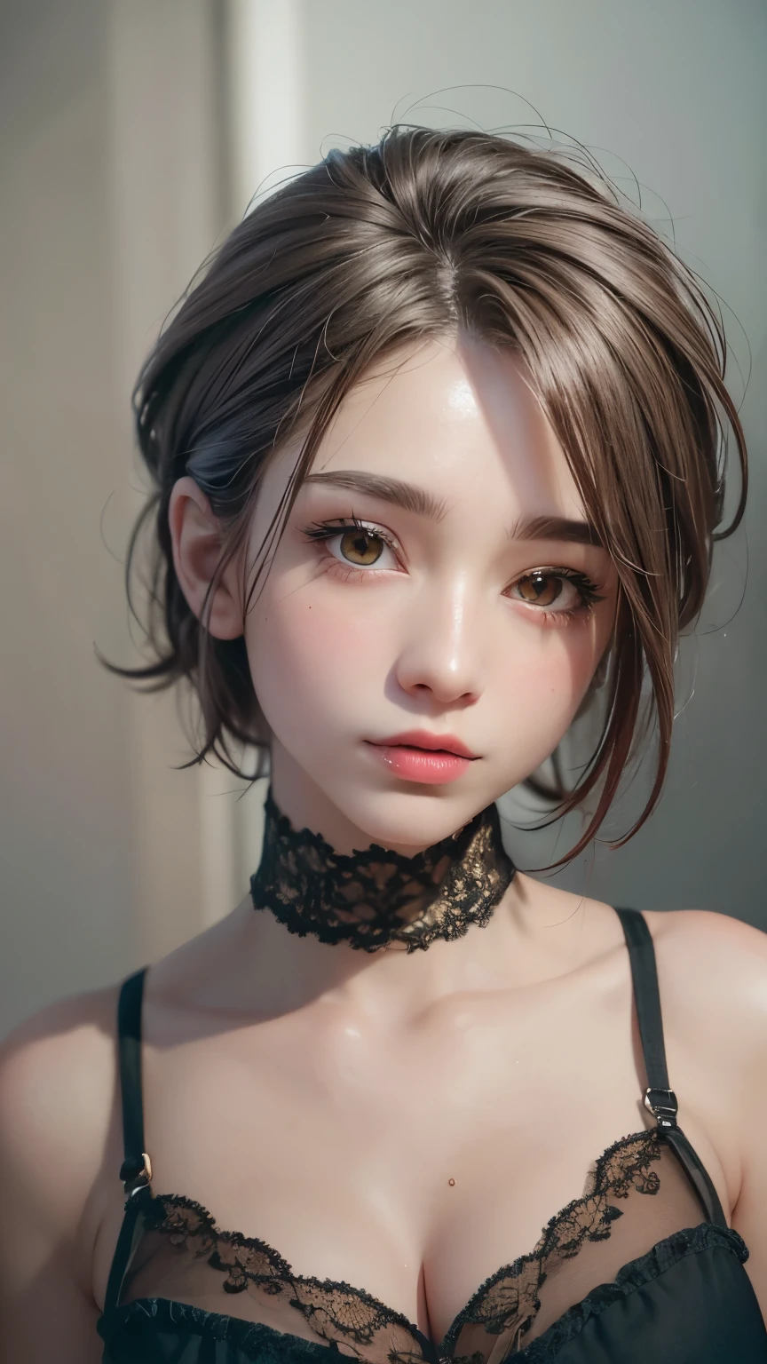 Masterpiece hyperrealist & Photorealistic beautiful girl, Realistic Skin (Pore-filled skin) Short Bob Cut Hair, Realistic red lips,Punk Girl, (head shot:1.5),Shorts