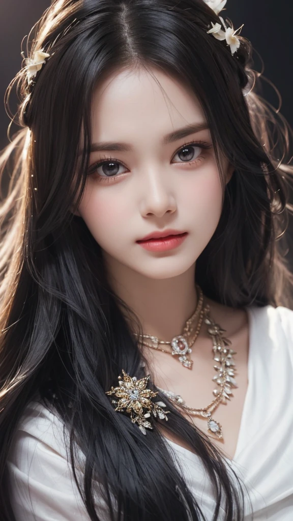 "In the style of an oil painting, a woman with exquisite facial features and an incomparable sense of style. Her thick coating of paint adds depth and dimension to her stunning beauty, while her long black hair cascades down her waist in a mesmerizing fashion. Her long eyelashes and dark brown pupil eyes draw you in, while her perfectly applied lip balm adds a touch of elegance. Each strand of hair is carefully rendered, creating a beautiful and unique piece of art that captures the essence of true beauty."