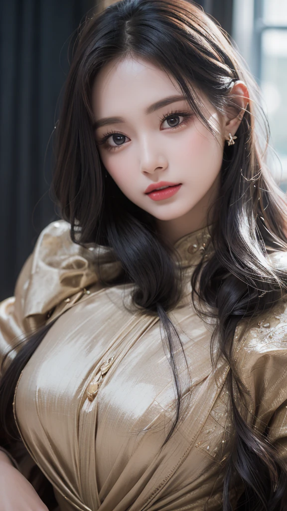 "In the style of an oil painting, a woman with exquisite facial features and an incomparable sense of style. Her thick coating of paint adds depth and dimension to her stunning beauty, while her long black hair cascades down her waist in a mesmerizing fashion. Her long eyelashes and dark brown pupil eyes draw you in, while her perfectly applied lip balm adds a touch of elegance. Each strand of hair is carefully rendered, creating a beautiful and unique piece of art that captures the essence of true beauty."