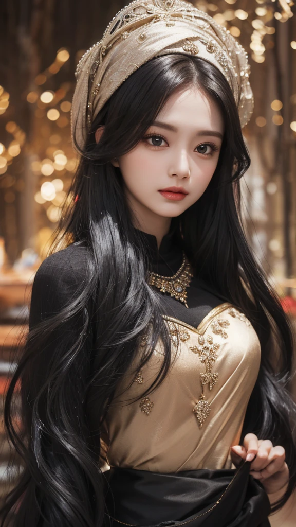 "In the style of an oil painting, a woman with exquisite facial features and an incomparable sense of style. Her thick coating of paint adds depth and dimension to her stunning beauty, while her long black hair cascades down her waist in a mesmerizing fashion. Her long eyelashes and dark brown pupil eyes draw you in, while her perfectly applied lip balm adds a touch of elegance. Each strand of hair is carefully rendered, creating a beautiful and unique piece of art that captures the essence of true beauty."