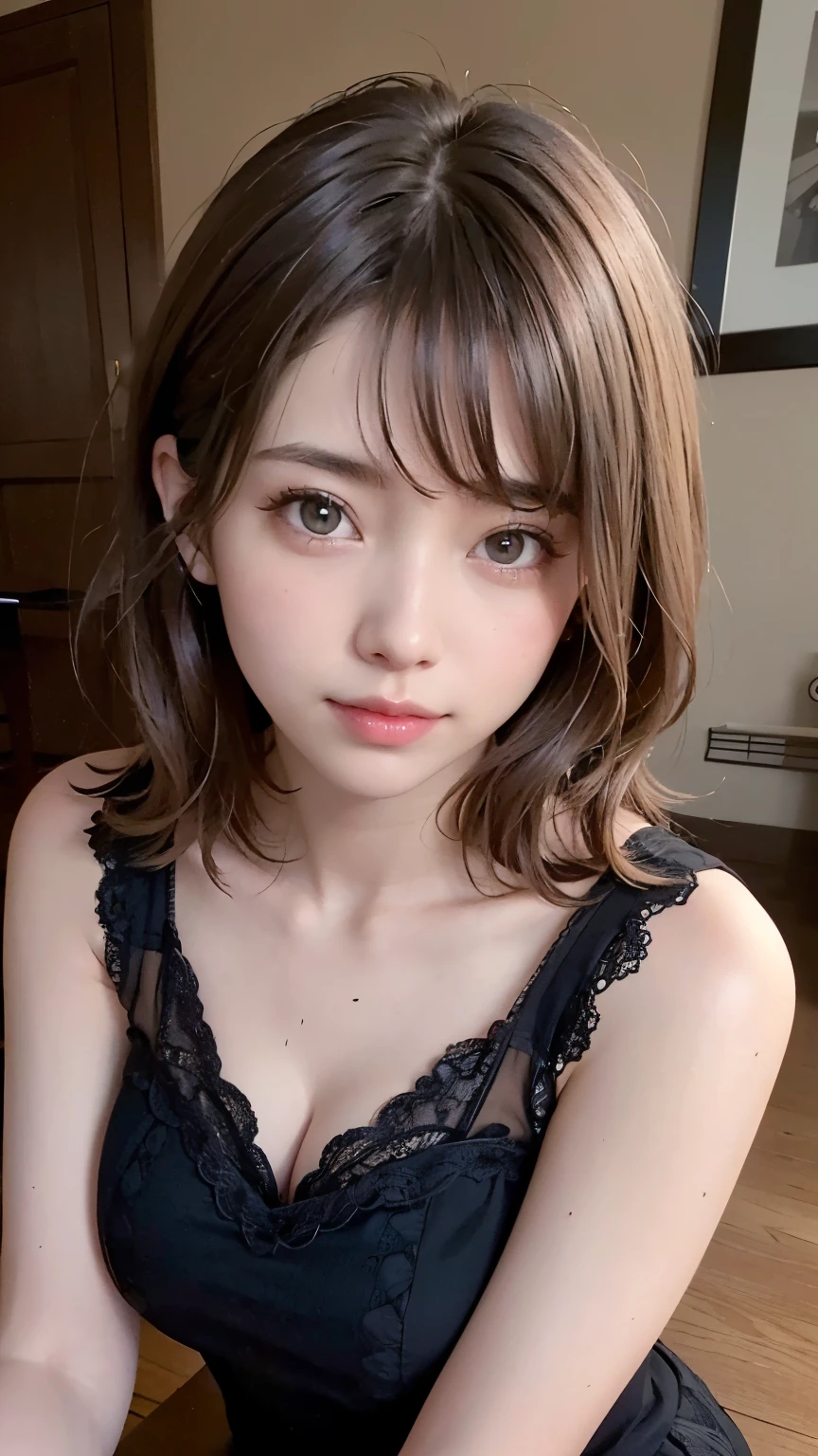 (A very cute 20 year old young woman from Japan.), ((Fine hair that is somewhere between brown and blonde)), ((Short hair with messy side waves)),(((Slim and slender figure))), (((Clean your hands))),(Curly Hair),(((A very kind smile))), (((She is wearing black lace panties))),(((she is wearing a pink knitted dress))) ((Highest quality, 16K, Tabletop: 1.3)), The light shines on your face, Highly detailed face, Highly detailed lips, Beautiful Eyes,