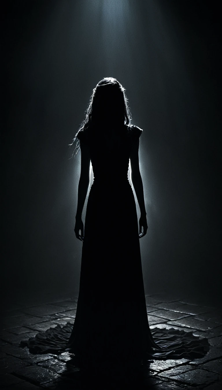 She stared into the void where shadows whispered old betrayals. The weight of countless fears pressed down, unrelenting. She stood, a fragile figure against the darkness, knowing the struggle was futile, a mere flicker in the endless night.