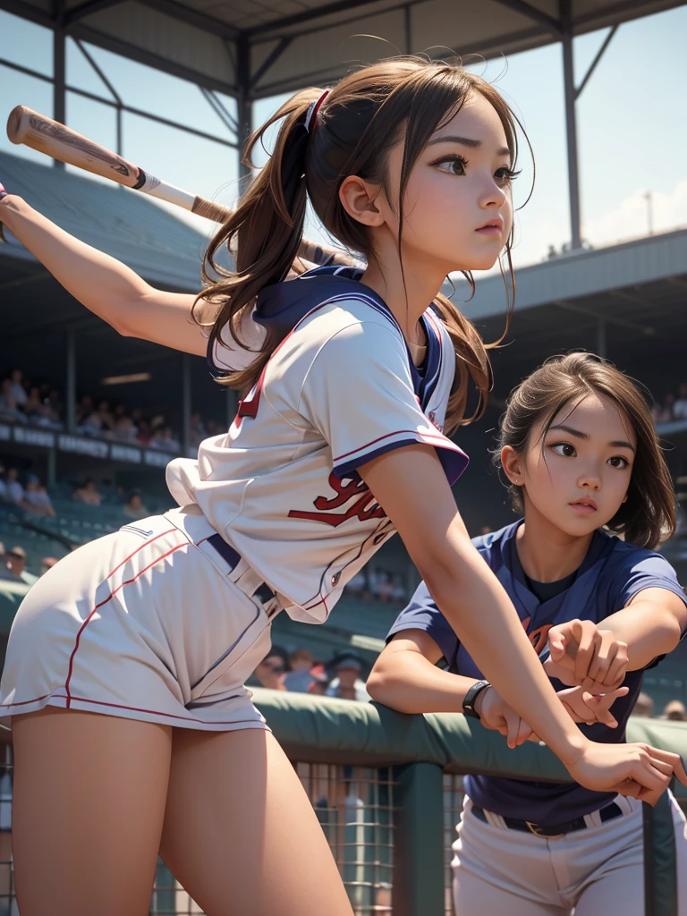 Highest quality、High resolution、Detailed Background、Beautiful Face、High detail、(Perfect Anatomy, Perfect Style)、(Detailed facial expressions)、(fine grain:1.2)、((One Girl))、Young college student、 (open stance:1.2), (shoot from side:1.2), ((looking away:1.2)), Stand in the batter's box, Pointing at the stands with a bat, preview home run、During a baseball game on the ground、