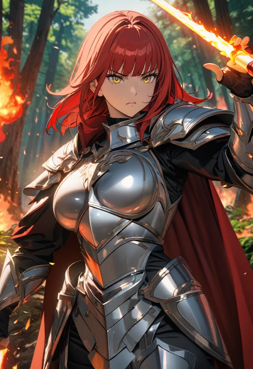 (Mature woman), perfect anatomic draw, perfect eyes, long red hair, yellow eyes, serious face, straight bangs down, sacred knight, silver armor, great fire sword, brave pose, fire everywhere, fire powers, in the forest, day, red cape, 8k, high quality, full HD.