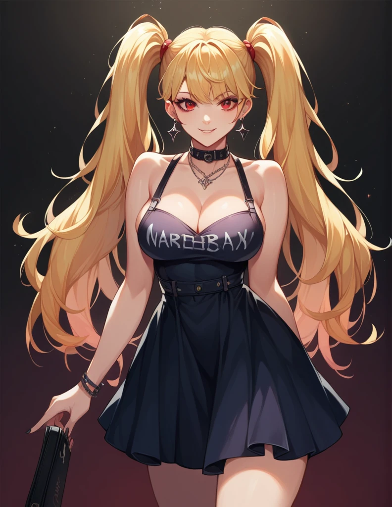 A picture of a young woman, big breast, light smile, full portrait, writing on a black notebook in a dark room, wearing a goth dress, red eyes, long double ponytails blonde hair