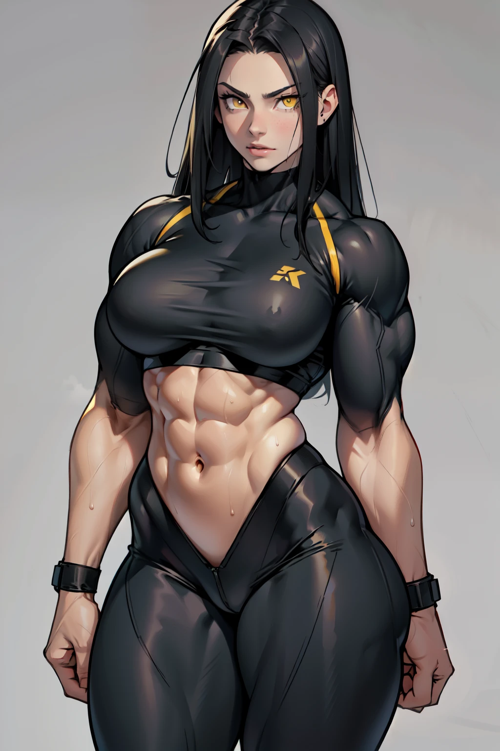 girl (1girl muscular grey background pale skin bodybuilder) toned body huge breasts thin waist black hair yellow eyes straight hair sweaty hair between eyes skintight