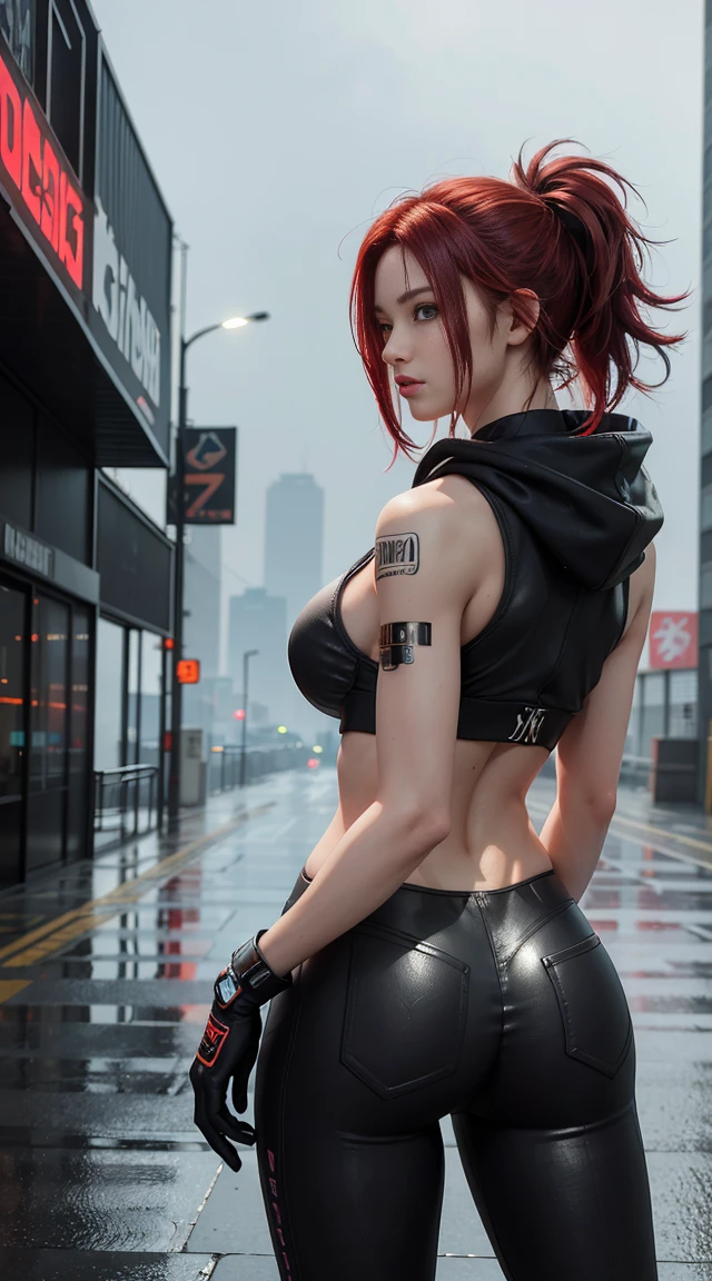sfw, best quality, masterpiece, cinematic, realistic, cyberpunk, cyberpunk city, neon, volumetric lighting, black sky, (raining, thunderstorm), 1girl, (cyberpunk clothing, hoodie, pants, punk clothelowing red hair), water reflecting off ground, from behind, ((hidden face)),, wearing bra,((skinny waist)), young asian girl, ((big boobs)),