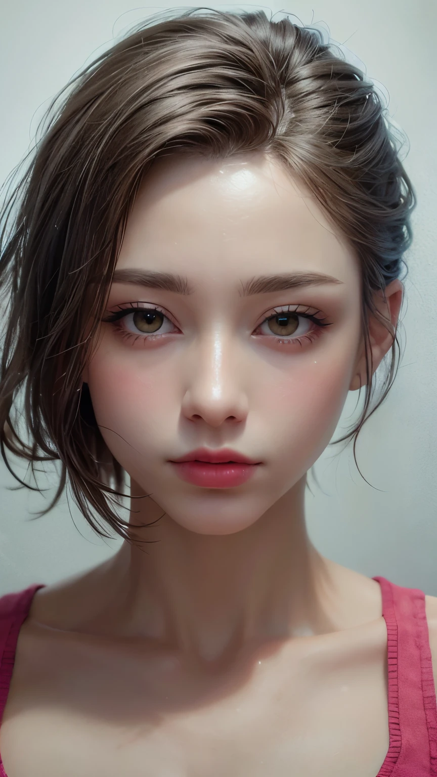 Masterpiece hyperrealist & Photorealistic beautiful girl, Realistic Skin (Pore-filled skin) Short Bob Cut Hair, Realistic red lips,Punk Girl, (head shot:1.5),Shorts