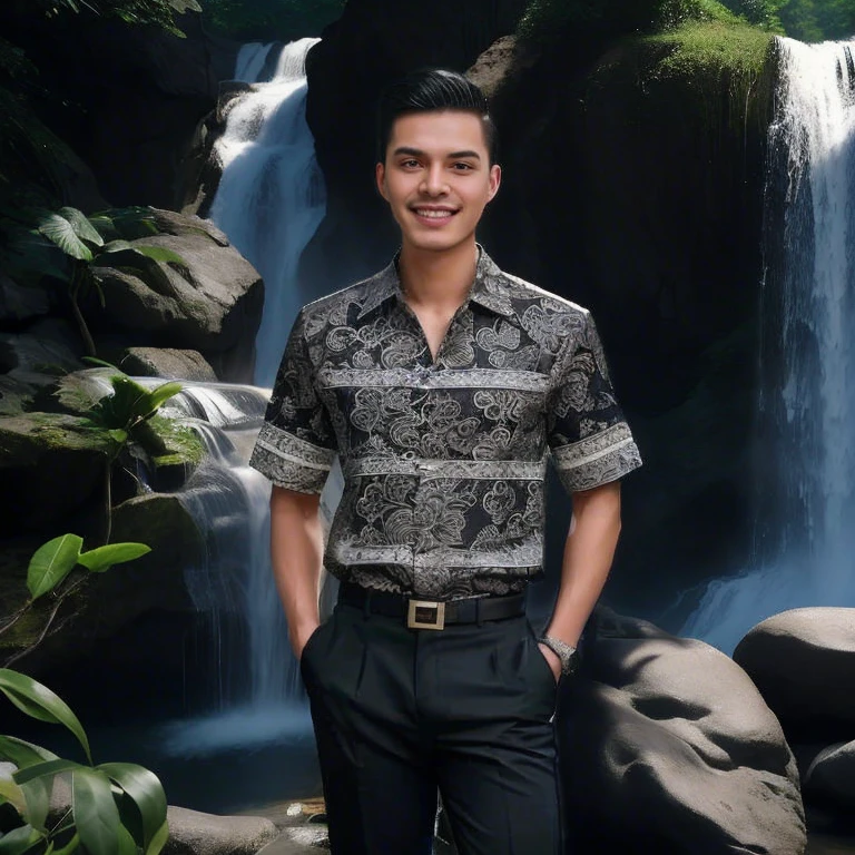 Haraf man, a Southeast Asian man with a round face., Mohawk hair, The face is bright and shiny., Double eyelids, Big eyes, black eyes, has exceptionally black hair, pitch black, In the background is a large waterfall., The evening sun shines beautifully., David Marquez, Andrew Gonzalez, A thin man with light tan skin., inspired By Robbie Trevino, Headshot profile picture, inspired By Adam Dario Kiel, Christian Orrillo, Daniel Mirante, By Adam Dario Kiel, By Robbie Trevino, Rick Dai, Joel Torres, with mountains as the background