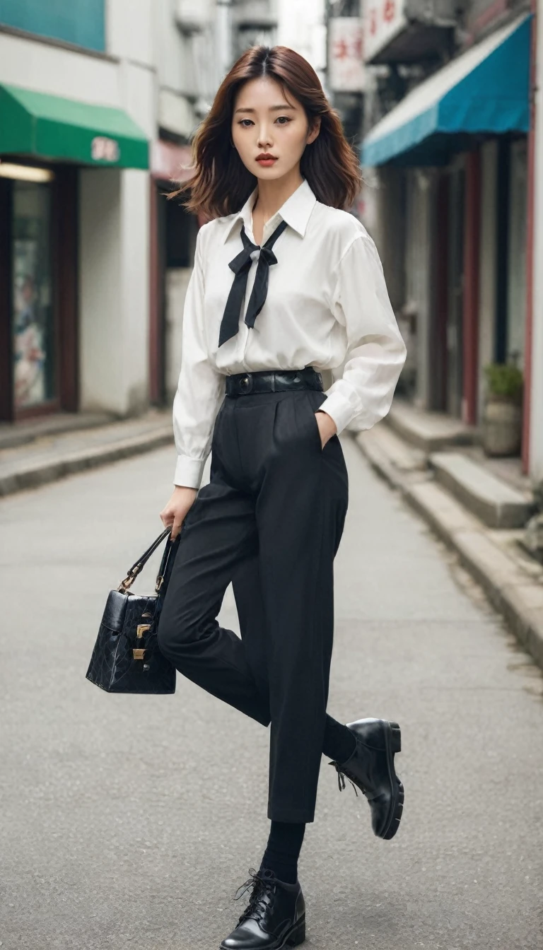 Make the image of a beautiful young Korean woman with a perfect face and body. She's in South Korea in the '80s. She is a kpoper model wearing clothes and shoes of the time. The hair should be black and should also represent the fashion cut of the 80s. Style catalog of 80's fashions. Reflect the environment of the time by showing the model's entire look. Strike dynamic poses. Make everything very beautiful and harmonious.