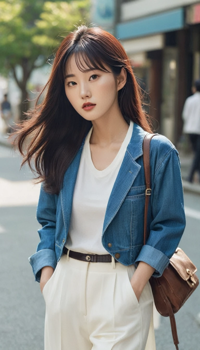 Make the image of a beautiful young Korean woman with a perfect face and body. She's in South Korea in the '80s. She is a kpoper model wearing clothes and shoes of the time. The hair should be black and should also represent the fashion cut of the 80s. Style catalog of 80's fashions. Reflect the environment of the time by showing the model's entire look. Strike dynamic poses. Make everything very beautiful and harmonious.