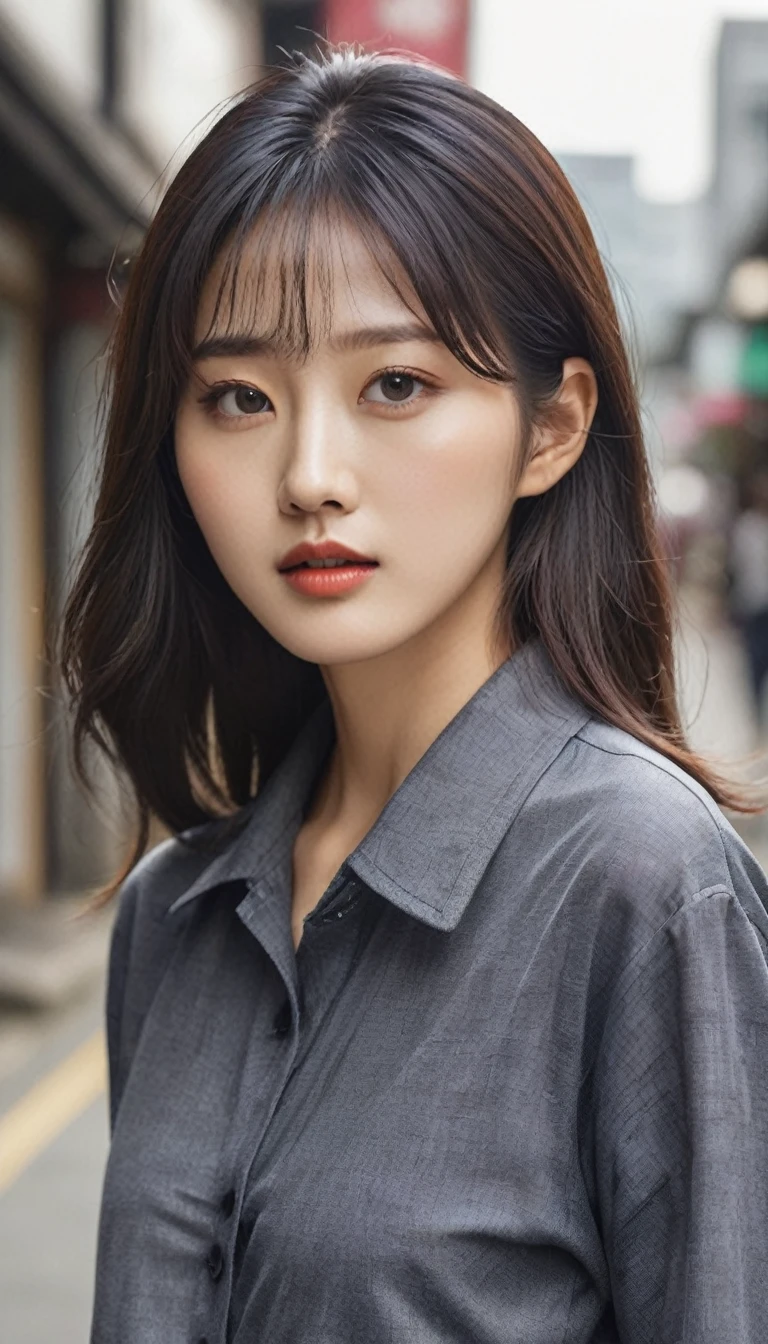 Make the image of a beautiful young Korean woman with a perfect face and body. She's in South Korea in the '80s. She is a kpoper model wearing clothes and shoes of the time. The hair should be black and should also represent the fashion cut of the 80s. Style catalog of 80's fashions. Reflect the environment of the time by showing the model's entire look. Strike dynamic poses. Make everything very beautiful and harmonious.