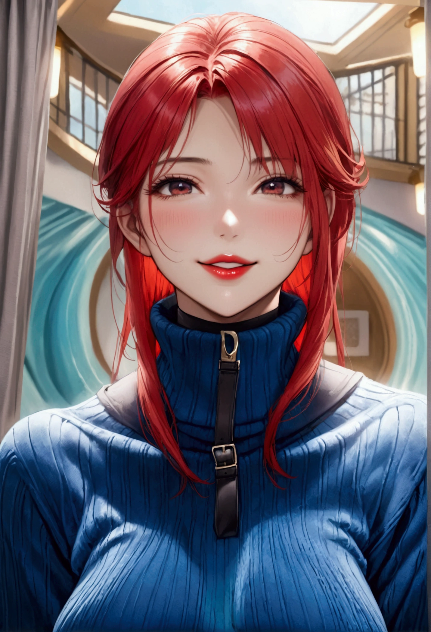 ((A aroused woman with voluptuous toned figure, extreme firm round 34DDD sized breasts, erected nipples, red lips, and straight red hair)), ((wearing an extreme skintight turtleneck velour blue thick sweater with a belt and a extreme super skintight plush sumptuously velour luxuriously soft ribbed Winter Warm Thermal velvet Fleece Lined Women Leggings)), ((standing and smiling, high quality, detailed face portrait, photorealistic, 8k, vivid colors, warm lighting, intricate details, hentai, waifu, full body view))