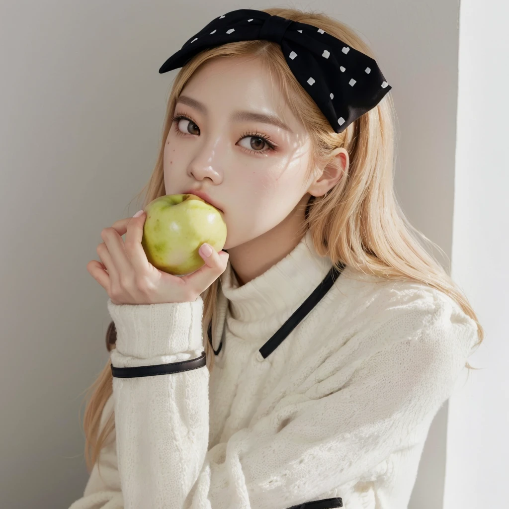 chica araffe con un lazo comiendo una manzana con un suéter blanco, parque roseanne de blackpink, kim doyoung, portrait of jossi de blackpink, jossi de blackpink, con manzana, TaeJune Kim, Jisoo de Blackpink, Lalisa Manoban de Blackpink, Lalisa Manobal, de mi parte, foto de revista, jisoo de blackpink