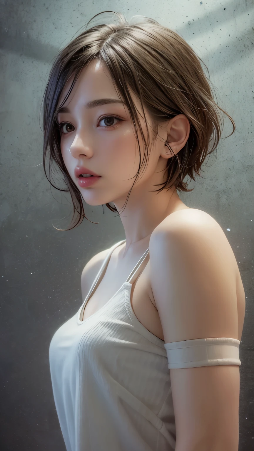 Masterpiece hyperrealist & Photorealistic beautiful girl, Realistic Skin (Pore-filled skin) Short Bob Cut Hair, Realistic red lips,Punk Girl, (head shot:1.5),Shorts