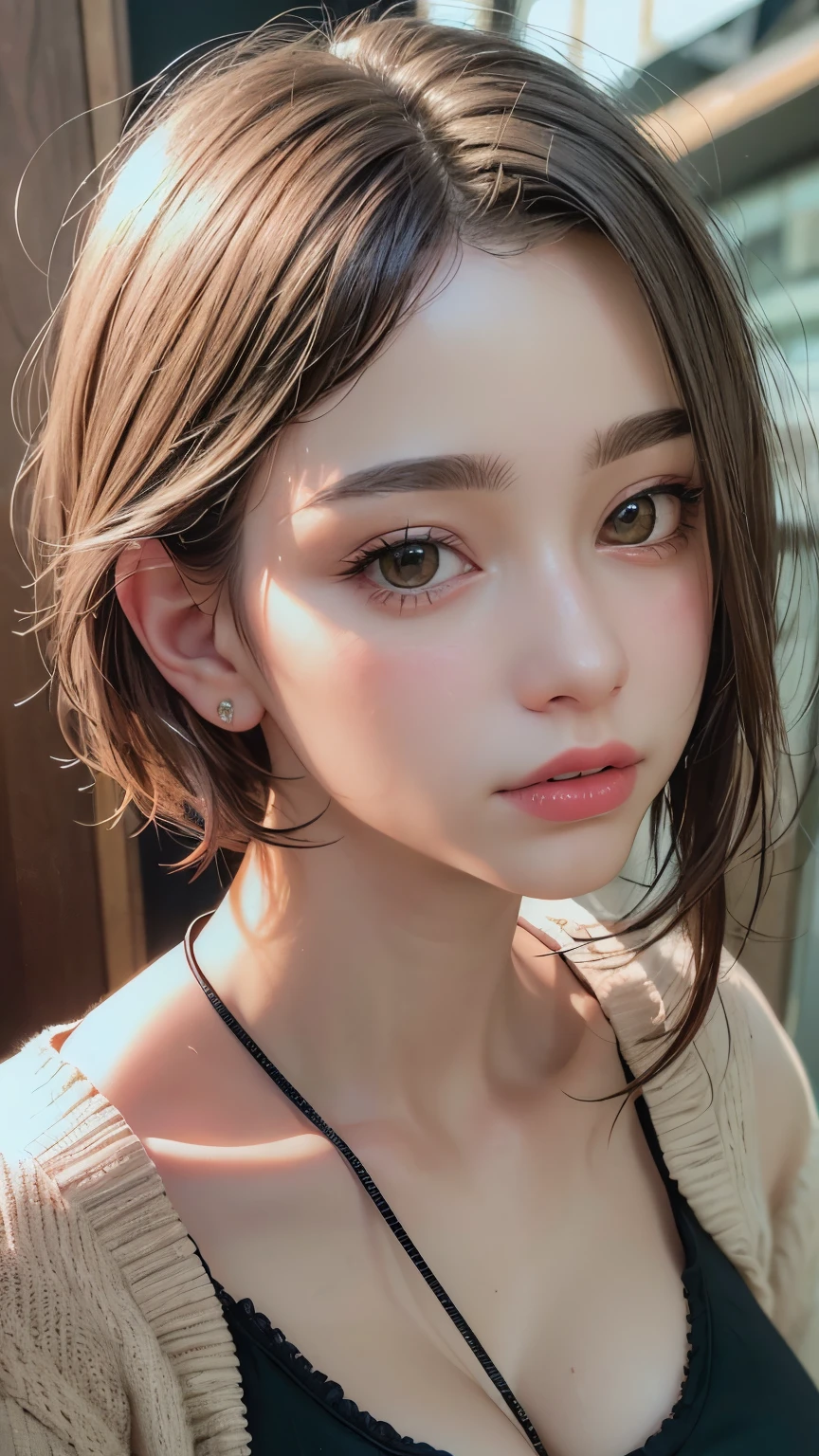 Masterpiece hyperrealist & Photorealistic beautiful girl, Realistic Skin (Pore-filled skin) Short Bob Cut Hair, Realistic red lips,Punk Girl, (head shot:1.5),Shorts