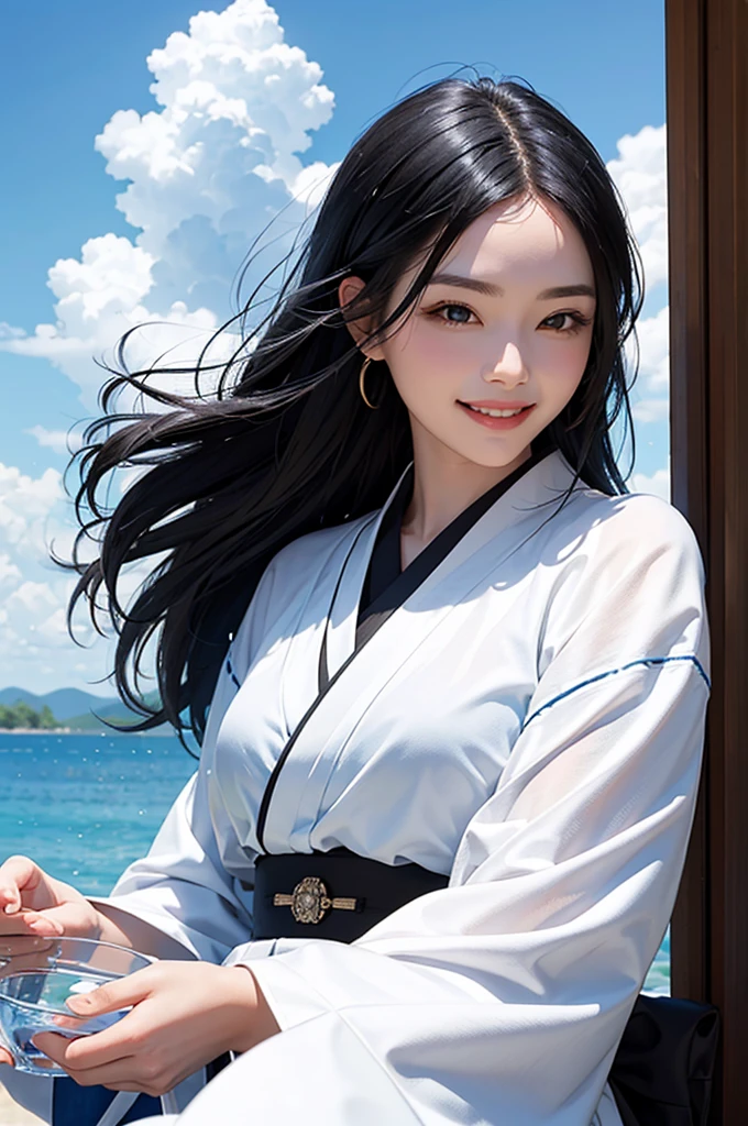 Smiling beautiful woman with black hair and white kimono drinking water under the blue sky