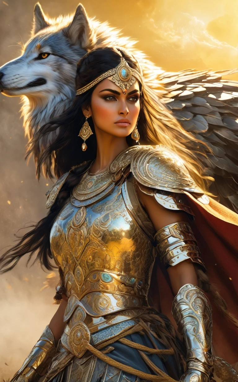 A stunning portrait of a fierce Persian warrior woman, her face radiating determination and resolve. She is clad in intricately detailed armor that shimmers in the sunlight, adorned with symbols of strength and courage. A magnificent eagle perches on her left shoulder, its piercing eyes scanning the horizon, ready to soar into battle. By her side stands a loyal wolf, its fur blending seamlessly with the shadows, embodying strength and loyalty. The backdrop is a chaotic battlefield, with dust and chaos swirling through the air, capturing the intense, cinematic nature of the scene. The golden sunlight bathes the warrior in a warm glow, highlighting her bravery and the unbreakable bonds she shares with her animal companions.