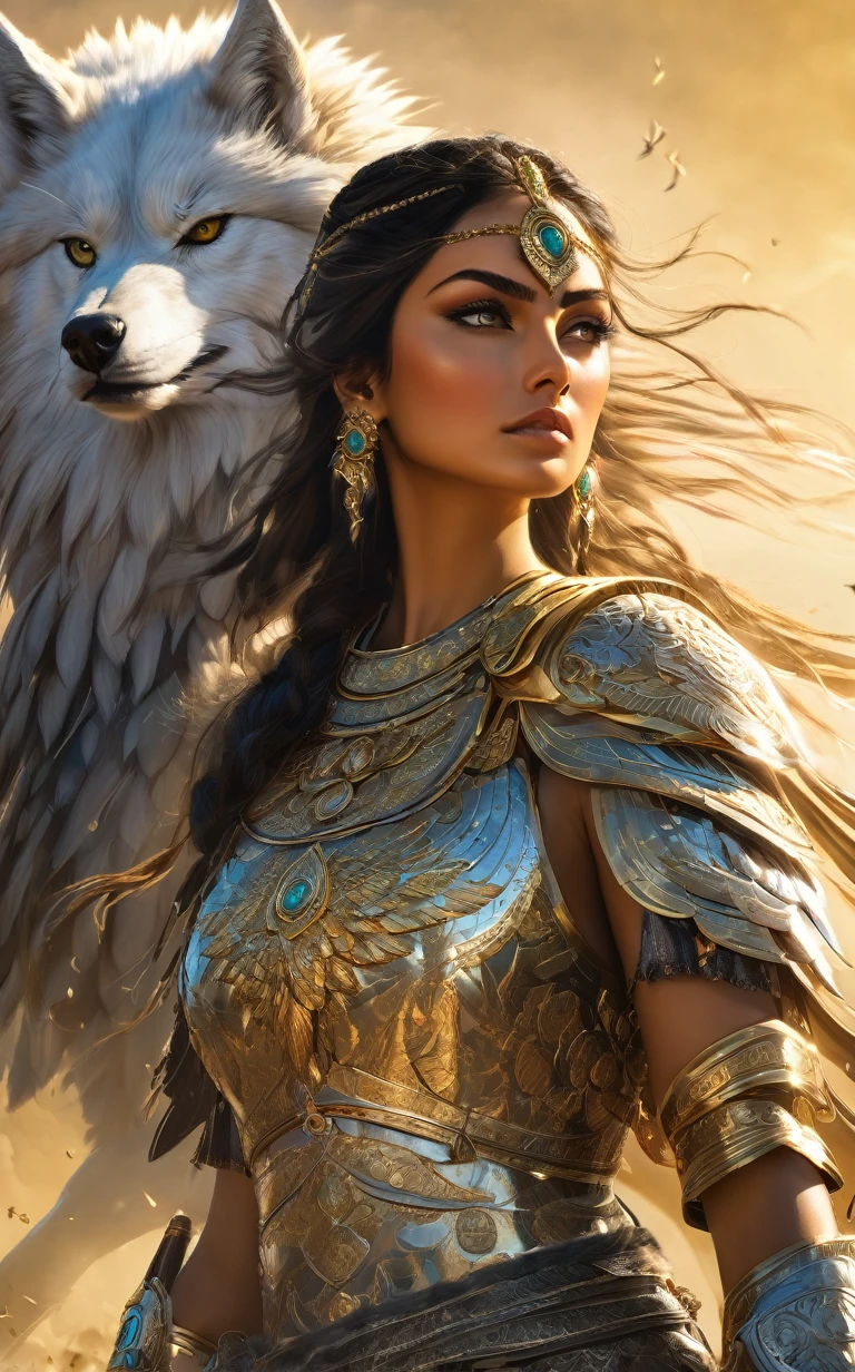 A stunning portrait of a fierce Persian warrior woman, her face radiating determination and resolve. She is clad in intricately detailed armor that shimmers in the sunlight, adorned with symbols of strength and courage. A magnificent eagle perches on her left shoulder, its piercing eyes scanning the horizon, ready to soar into battle. By her side stands a loyal wolf, its fur blending seamlessly with the shadows, embodying strength and loyalty. The backdrop is a chaotic battlefield, with dust and chaos swirling through the air, capturing the intense, cinematic nature of the scene. The golden sunlight bathes the warrior in a warm glow, highlighting her bravery and the unbreakable bonds she shares with her animal companions.