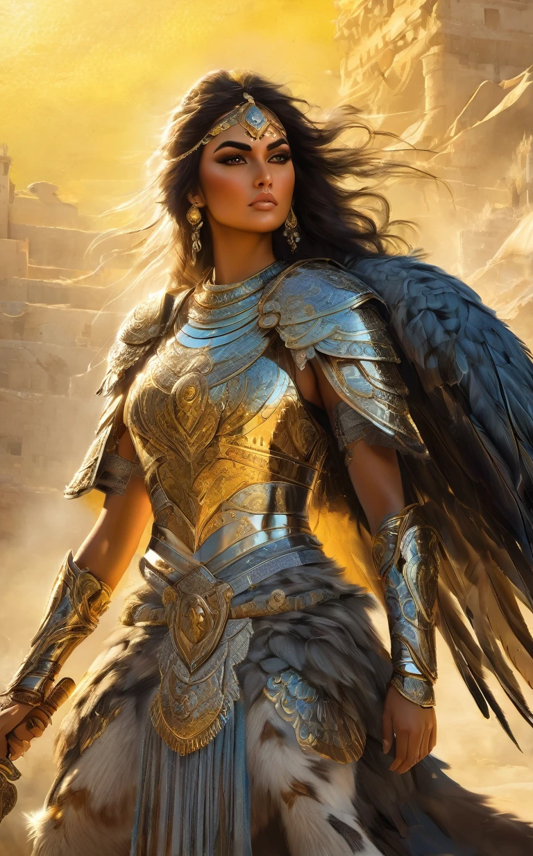 A stunning portrait of a fierce Persian warrior woman, her face radiating determination and resolve. She is clad in intricately detailed armor that shimmers in the sunlight, adorned with symbols of strength and courage. A magnificent eagle perches on her left shoulder, its piercing eyes scanning the horizon, ready to soar into battle. By her side stands a loyal wolf, its fur blending seamlessly with the shadows, embodying strength and loyalty. The backdrop is a chaotic battlefield, with dust and chaos swirling through the air, capturing the intense, cinematic nature of the scene. The golden sunlight bathes the warrior in a warm glow, highlighting her bravery and the unbreakable bonds she shares with her animal companions.