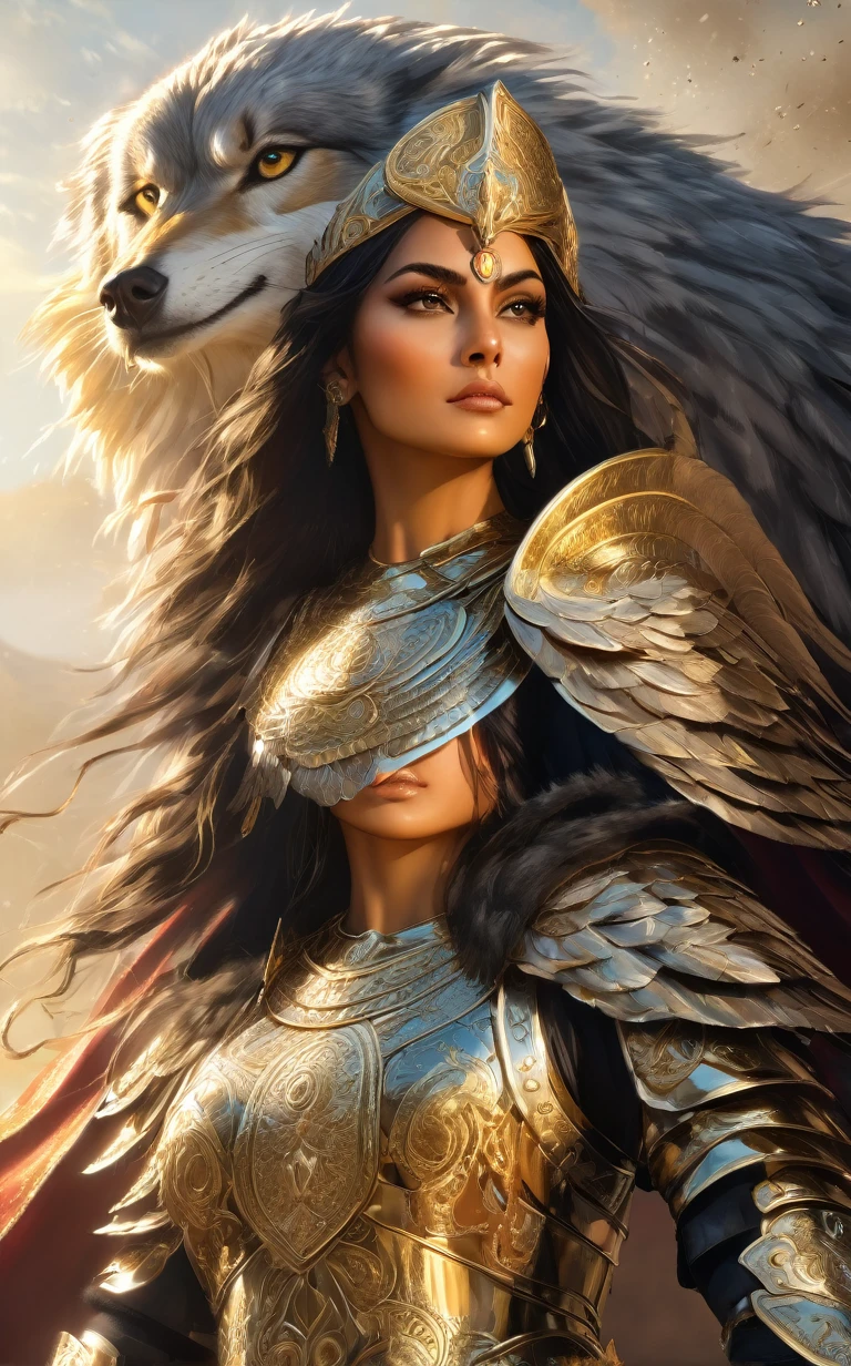 A stunning portrait of a fierce Persian warrior woman, her face radiating determination and resolve. She is clad in intricately detailed armor that shimmers in the sunlight, adorned with symbols of strength and courage. A magnificent eagle perches on her left shoulder, its piercing eyes scanning the horizon, ready to soar into battle. By her side stands a loyal wolf, its fur blending seamlessly with the shadows, embodying strength and loyalty. The backdrop is a chaotic battlefield, with dust and chaos swirling through the air, capturing the intense, cinematic nature of the scene. The golden sunlight bathes the warrior in a warm glow, highlighting her bravery and the unbreakable bonds she shares with her animal companions.