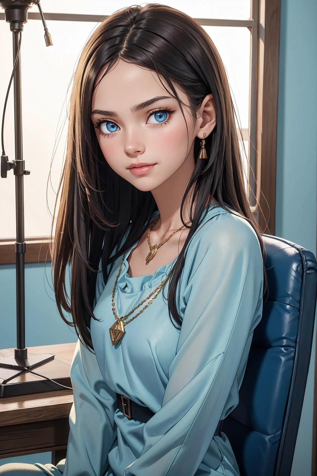 Bulgarian 15 year old girl, Beautiful face, (Dark brunette hair, long straight hair), (Blue eyes, sharp eyes), Ivory skin tone, Gold layered necklace, Long sleeves green lace shirt, (looks directly at the camera, serious expression, beautiful smile), Sitting straight (Photography for documents), sits directly on camera, Direct view(full face); Professional studio photography with a film SLR camera("Zorkiy-4"), high resolution, Natural Realistic Detailed Skin Texture, natural lighting, 8K, Texture of the photo card, Maximum photorealism, (Blue Backdrop, Picture Day Photo)