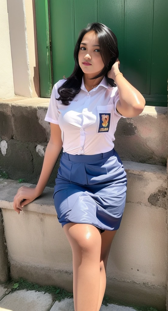 1girl, (Indonesian_high_school_uniform), 16 years old, sit, outdoors, curvy, tall, detailed face, detailed eyes, medium breasts, detailed smooth skin, tight shirt, grey blue short skirt, looking at the audience, low angle shot,(8k, RAW photo, best quality, masterpiece: 1.2), (realistic, realistic: 1.37), ultra-high resolution