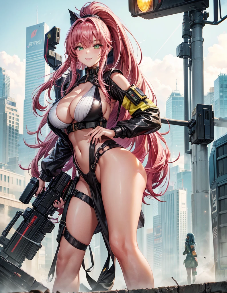 1 girl, 19 years old, Long pink hair, green eyes with slit pupils, master-piece, best quality, (standing up), (hair in a ponytail), (yellow and black jumpsuit, cleavage), (Big , ultra gigantic , Super super big, Glamorous body), Make eye contact with the camera, front figure, looking forward, (light_Smile:1.5), (Detailed hands and fingers:1.2) (Cyberpunk City), (FULL BODYSHOT), thighs thighs thighs thighs、beauty legs、Bare legs