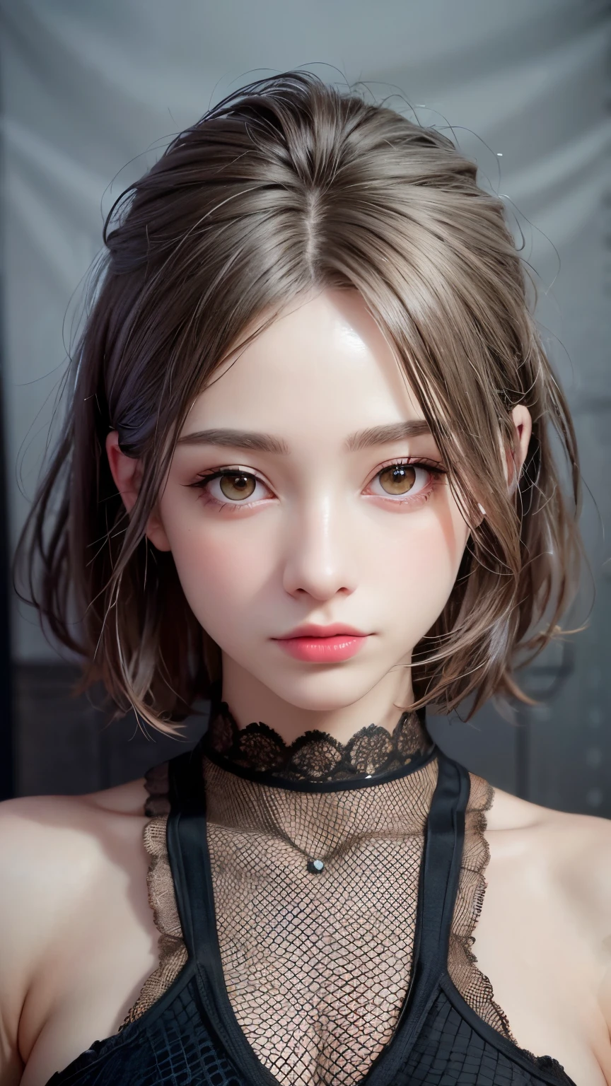 Masterpiece hyperrealist & Photorealistic beautiful girl, Realistic Skin (Pore-filled skin) Short Bob Cut Hair, Realistic red lips,Punk Girl, (head shot:1.5),Shorts