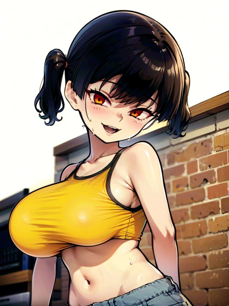 Sasaki Kanna shows off her big tits while playing gesugao, Yellow Tank Top, underboob, Sweat, Black hair twin tails, Guess face, smile, crazy Smile, 勝ち誇ったsmile, Pushing her big breasts together, Her body is like that of a slender , but her breasts are large.