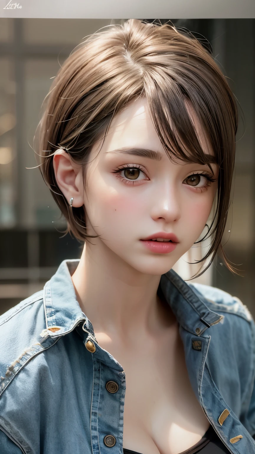 Masterpiece hyperrealist & Photorealistic beautiful girl, Realistic Skin (Pore-filled skin) Short Bob Cut Hair, Realistic red lips,Punk Girl, (head shot:1.5),Shorts