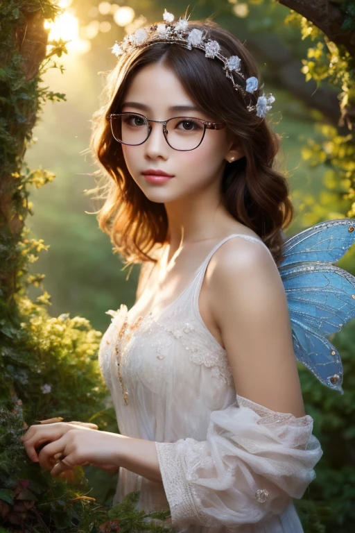 Highest quality、masterpiece、High sensitivity、High resolution、Detailed Description、Slender women、Glasses、fairy tale、Feather