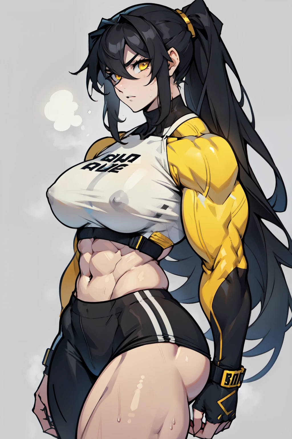 girl (1girl muscular grey background pale skin bodybuilder) toned body huge breasts thin waist black hair yellow eyes straight hair sweaty hair ween eyes skintight