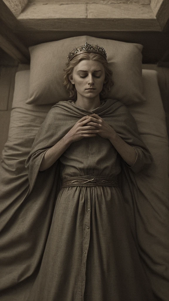 King Æthelstan'dying in bed'medieval'royal
garments 'Gloucester"lying still
with eyes closed"historical palace room"somber
atmosphere"long shot"hyper-realistic, photo realism, cinematography. The lens size should be 200 mm, aperture setting f/4.5, and ISO 1600. The medium should be color photography.