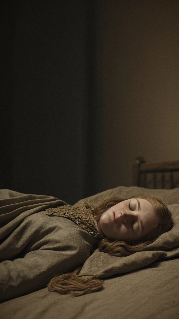 King Æthelstan'dying in bed'medieval'royal
garments 'Gloucester"lying still
with eyes closed"historical palace room"somber
atmosphere"long shot"hyper-realistic, photo realism, cinematography. The lens size should be 200 mm, aperture setting f/4.5, and ISO 1600. The medium should be color photography.