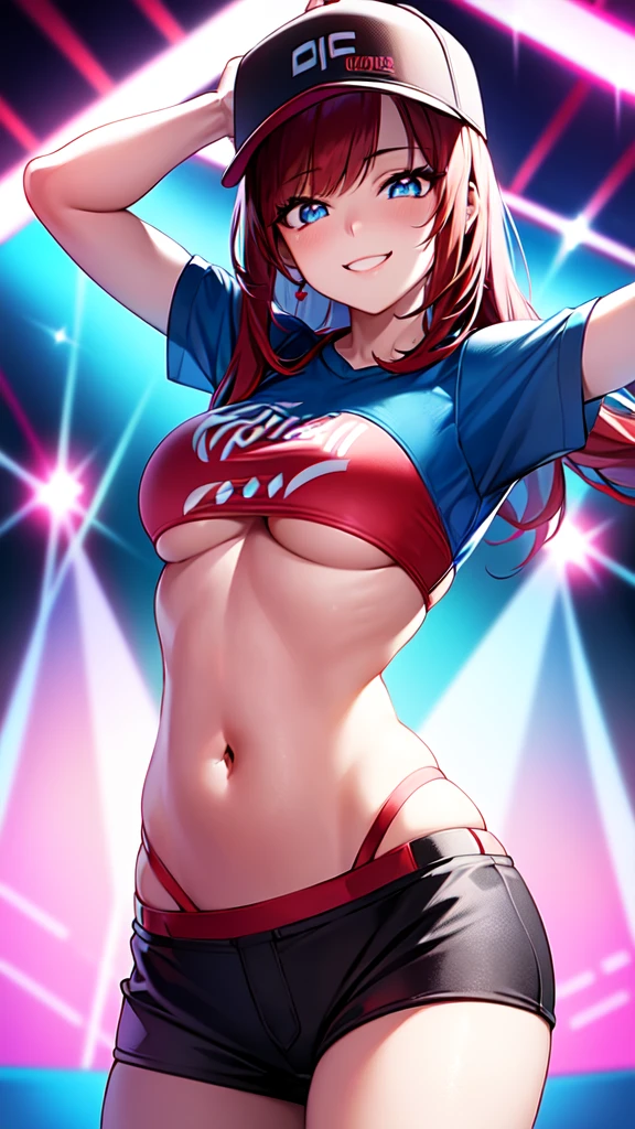 +sparkle+ 1_girlsolo, anime girl, long red hair, short bangs, baseball cap, blue bikini headphones, beach lighting,stage,(best quality:1.2),(ultra-detailed:1.2),(realistic:1.37),HDR,vivid colors,portraits, figure,headphone girl,anime style, atmosphere,techno music,electronic dance music,festival vibes,hip hop beats,festival outfit,energetic dance moves,expressive eyes,hairstyle with vibrant colors,neon lights,beaming smile,positive vibes,high-energy performance,stylized backgrounds,colorful visuals,excitement in the air, dancing, back turned