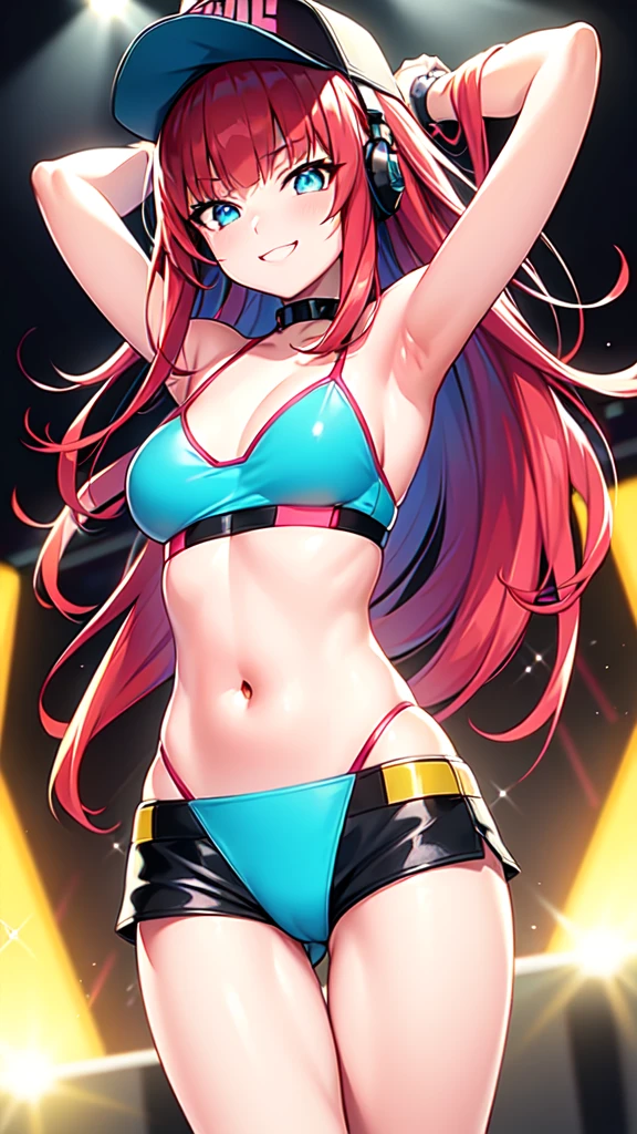 +sparkle+ 1_girlsolo, anime girl, long red hair, short bangs, baseball cap, blue bikini headphones, beach lighting,stage,(best quality:1.2),(ultra-detailed:1.2),(realistic:1.37),HDR,vivid colors,portraits, figure,headphone girl,anime style, atmosphere,techno music,electronic dance music,festival vibes,hip hop beats,festival outfit,energetic dance moves,expressive eyes,hairstyle with vibrant colors,neon lights,beaming smile,positive vibes,high-energy performance,stylized backgrounds,colorful visuals,excitement in the air, dancing, back turned 