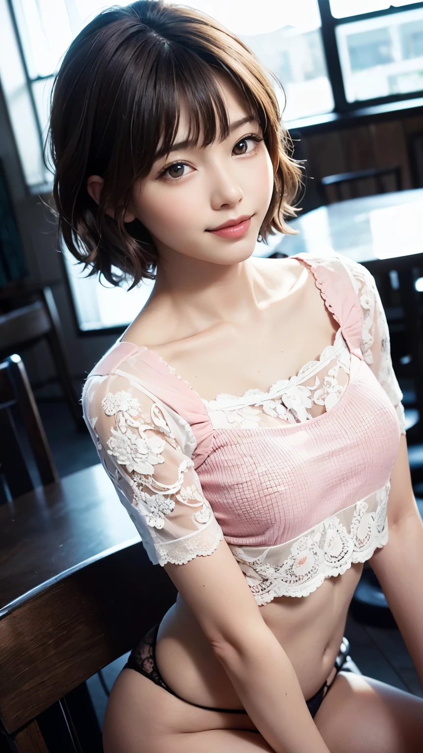 (A very cute 20 year old young woman from Japan.),  ((Fine hair that is somewhere between brown and blonde)), ((Short hair with messy side waves)),(((Slim and slender figure))), (((Clean your hands)))，(Curly Hair)，(((A very kind smile))), (((She is wearing black lace panties)))，(((she is wearing a pink knitted dress))) ((Highest quality, 16K, Tabletop: 1.3)), The light shines on your face, Highly detailed face, Highly detailed lips, Beautiful Eyes,