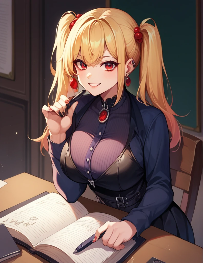 A picture of a young woman, big breast, light smile, full portrait, writing on a black notebook on a desk in a dark room, wearing a goth dress, red eyes, double ponytails blonde hair sitted on a chair