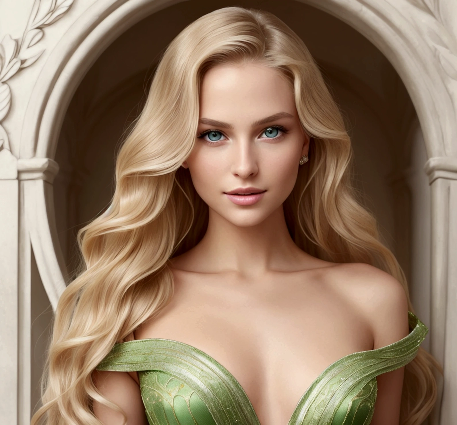 "Create an image of an incredibly beautiful full-length woman with wavy blonde hair, bright green eyes and a serene, confident expression. She must have harmonious facial features, clear and smooth skin, and an elegant presence. The woman must be dressed in a sophisticated way, with a haute couture dress, and be portrayed in a well-lit environment, with a neutral background to highlight your beauty. The image must convey perfection and a sense of tranquility and confidence."