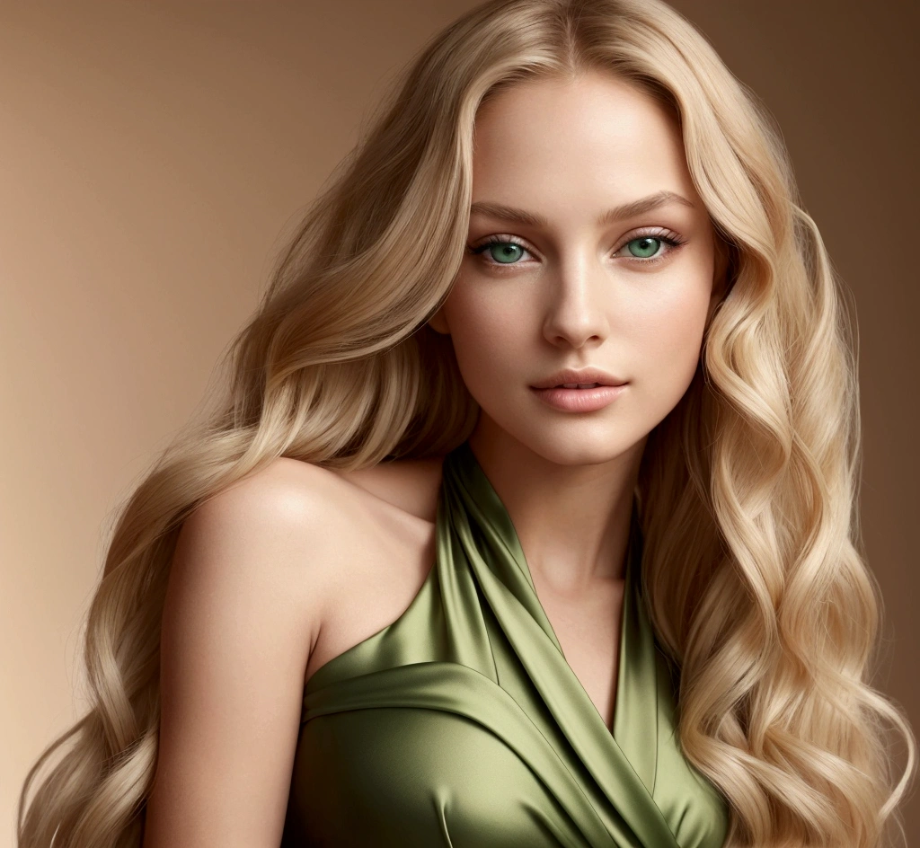 "Create an image of an incredibly beautiful full-length woman with wavy blonde hair, bright green eyes and a serene, confident expression. She must have harmonious facial features, clear and smooth skin, and an elegant presence. The woman must be dressed in a sophisticated way, with a haute couture dress, and be portrayed in a well-lit environment, with a neutral background to highlight your beauty. The image must convey perfection and a sense of tranquility and confidence."