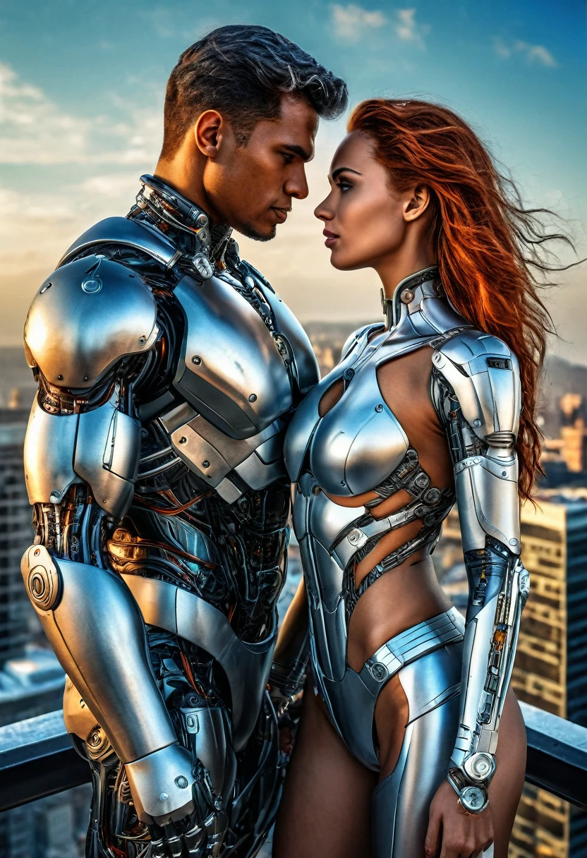 Sexual relationship between a male cyborg and a female cyborg on the roof of a skyscraper, high quality, best quality, absurdres, masterpiece, beautiful, intricate details, 1/2 body crop, slim body, beautiful figure, magnificent anatomy, (intricate details:1.12), HDR, (intricate details, hyper-detailing:1.15), (natural skin textures, hyper realisitc, soft light, Sharp:1.2)