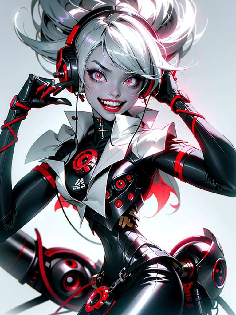 a close up of a person with headphones on, holy cyborg necromancer girl, monster teeth covered in red, pinterest anime, brian sum, 2 0 2 1 anime, mad grin, 2 0 5 0 s, portrait of lady mechanika, anime manga panel, 2 0 5 0 scary movie, beautifully infected, lambda, author unknown, she is laughing