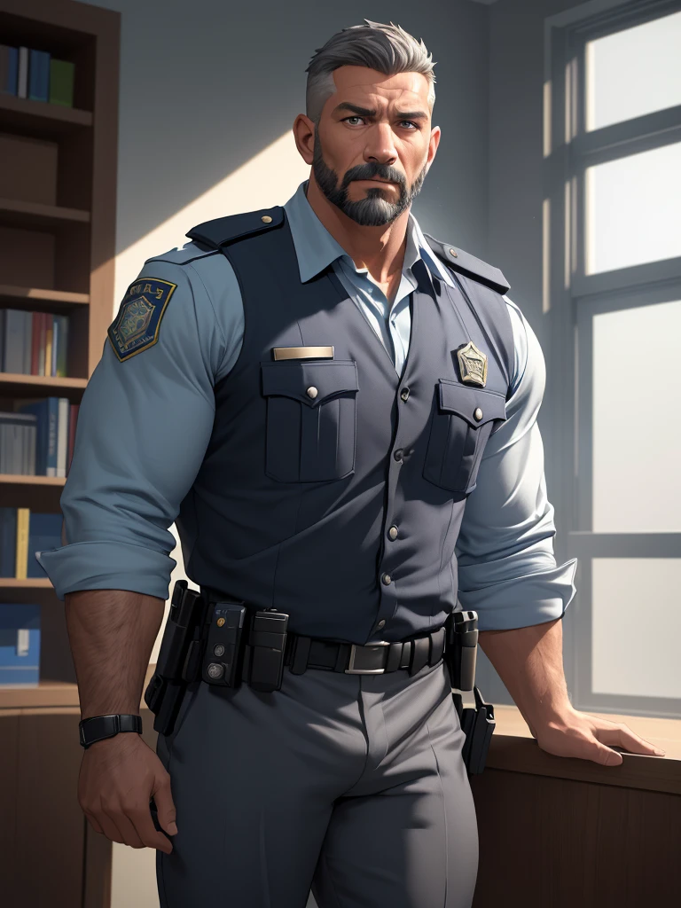 attractive man, Father, muscular, grey short hair, full beard, police officer, uniform, in police station (best quality,4K,8k,highres,​masterpiece:1.2),Ultra-detail,(realisti,photorealisti,photo-realisti:1.37),  Film compositions, depth of field,Professional 3D rendering