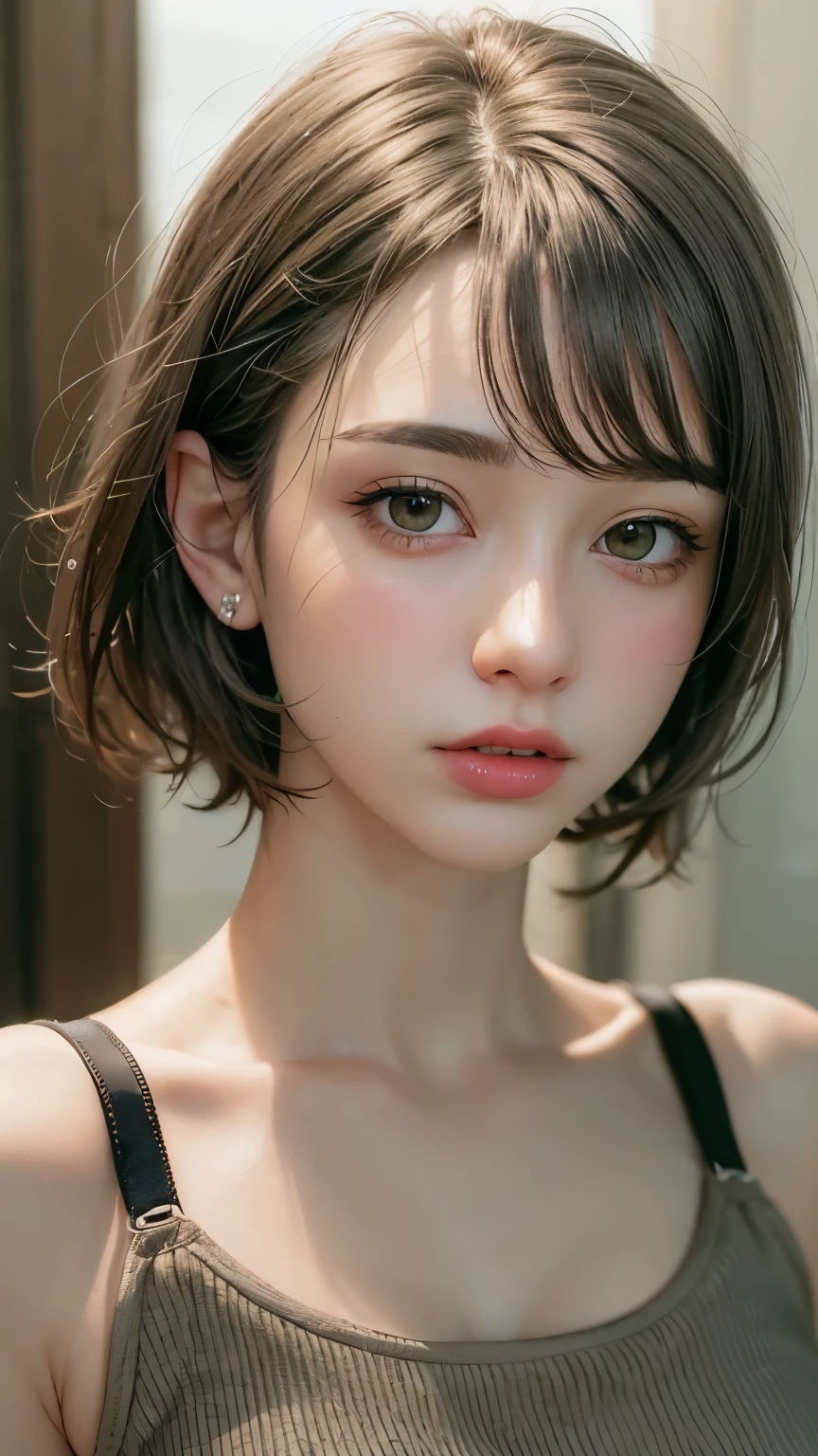 Masterpiece hyperrealist & Photorealistic beautiful girl, Realistic Skin (Pore-filled skin) Short Bob Cut Hair, Realistic red lips,Punk Girl, (head shot:1.5),Shorts