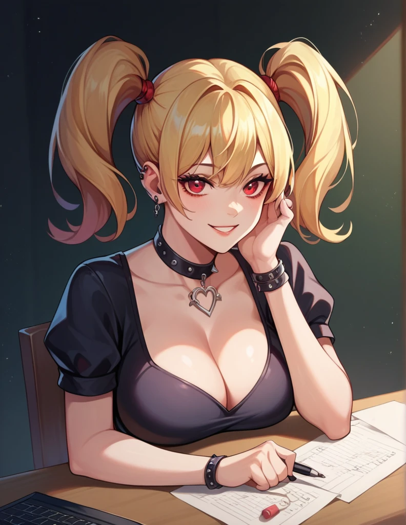 A picture of a young woman, big breast, light smile, full portrait, writing on a black notebook on a desk in a dark room, wearing a black goth dress, red eyes, double ponytails blonde hair sitted on a chair